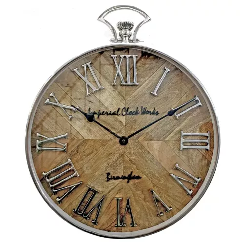 Wandklok 41x5x50cm Rond zilver en ruw hout